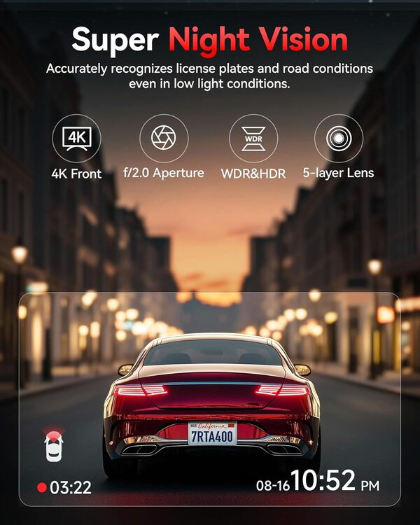 REDTIGER A4 4K Front & 1080P Rear Dash Cam - 5GHz Wi-Fi, 64GB Card, GPS