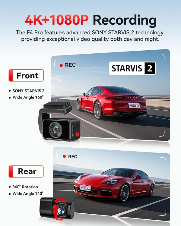 REDTIGER F4 Pro 4K Front & 1080P Rear Dash Cam - STARVIS 2 Sensor, 128GB