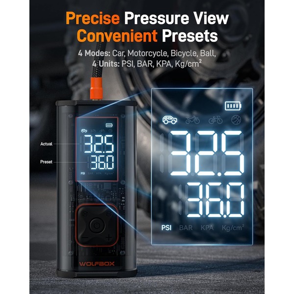 Wolfbox 12000mAh & 150PSI Heavy Duty Tire Inflator - Double-Cylinder 58LPM