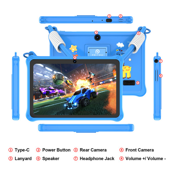 PRITOM Kids Adventure Tablet 7" - 2GB RAM, 32GB Storage, Parental Controls - Blue
