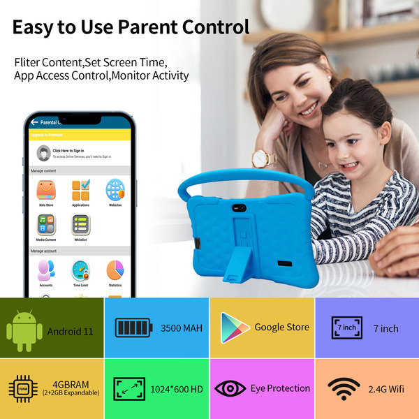 PRITOM Kids Smart Tablet 7" WiFi | 2GB RAM, 32GB Storage, Parental Controls - Blue