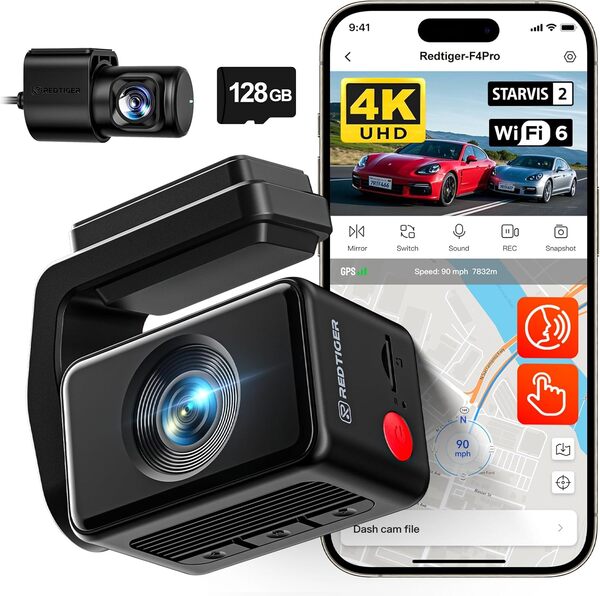 REDTIGER F4 Pro 4K Front & 1080P Rear Dash Cam - STARVIS 2 Sensor, 128GB