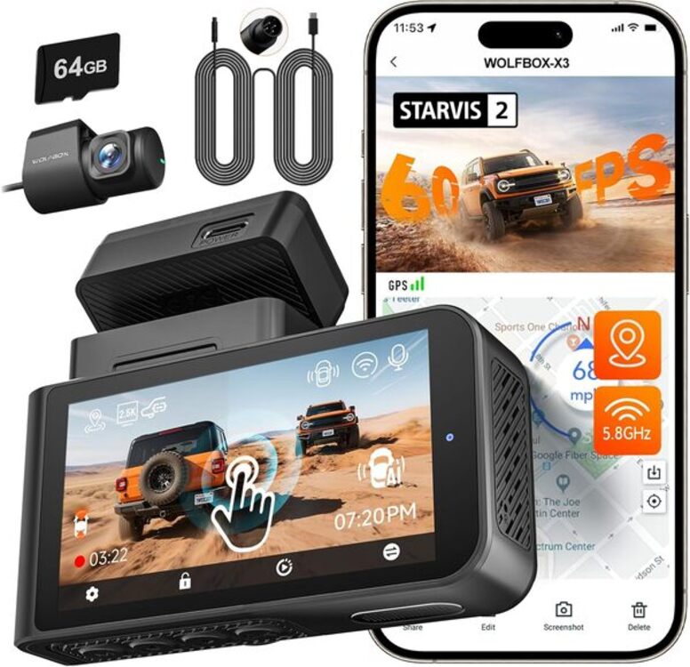 WOLFBOX X3 2.5K 60FPS Dash Cam with STARVIS 2 Sensor, GPS, Wi-Fi & ADAS