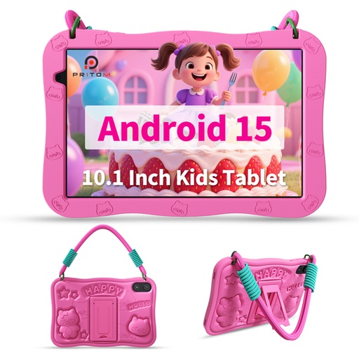 [7221] Pritom D11A Kids 10.1" Tablet 3GB+5GB RAM, 32GB ROM, Silicone Case & WI-FI6 - Pink